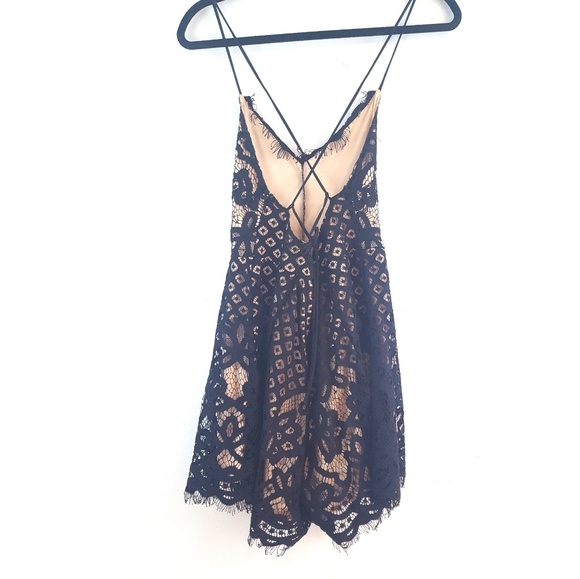Express • Black Open-Back Strappy Lace Romper - Picture 2 of 7